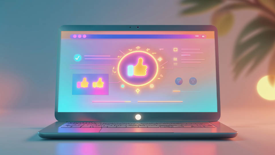 Laptop monitor with thumbs up on the screen. 