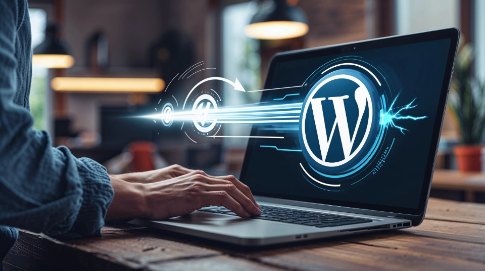 Graphic of a laptop with WordPress logo indicating a fast WordPress website.